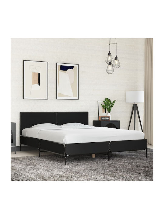 Double Wooden Bed Black with Slats for Mattress...