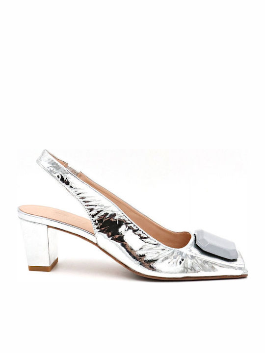 Leather Silver Medium Heels with Strap