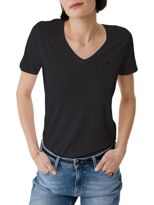 Mexx Damen Bluse Baumwolle Kurzärmelig mit V-Ausschnitt Black