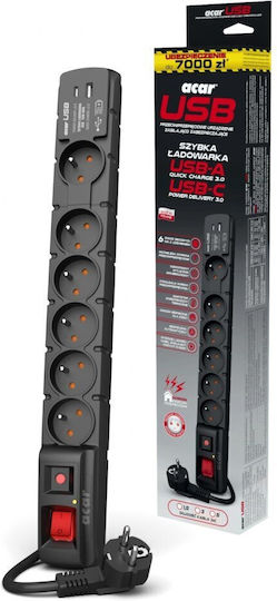 Acar Πολύπριζο Aσφαλείας 6 Θέσεων με USB-A, USB-C και Καλώδιο 5m Γαλλίας (Type E)