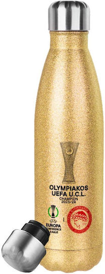 Olympiacos Winner Uefa Europa Conference League Champion 2023/24 Metal Thermos Bottle Glitter Gold Stainless Steel Double-Walled 500ml