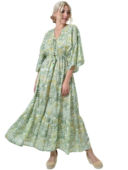 Potre Καλοκαιρινό Maxi Φόρεμα με Βολάν Πράσινο