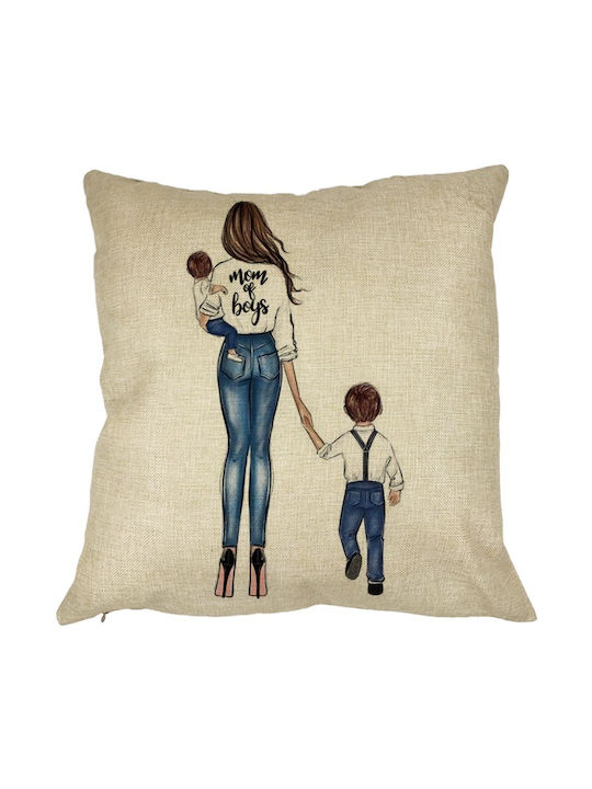 Square Decorative Pillow Mom Boys 40x40 Cm Removable Cover Piping