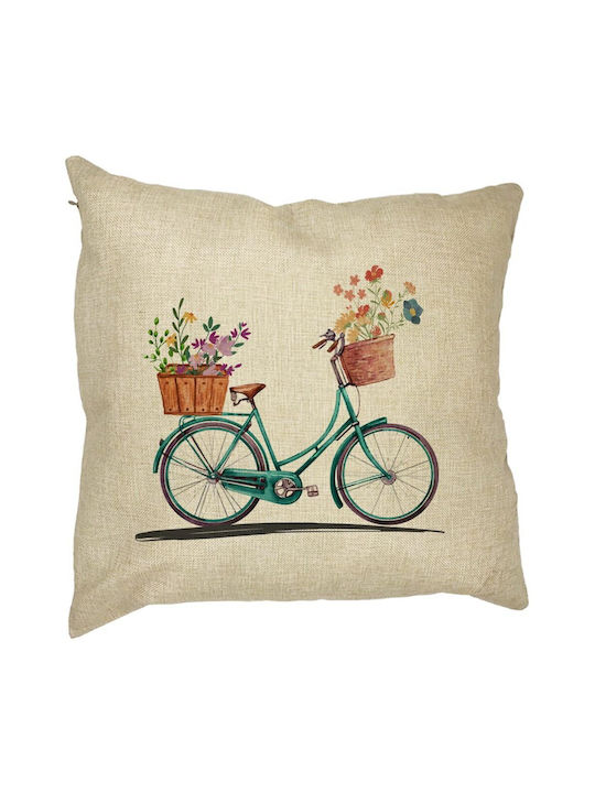 Square Decorative Pillow Bicycle Floral 40x40 Cm Removable Cover Piping