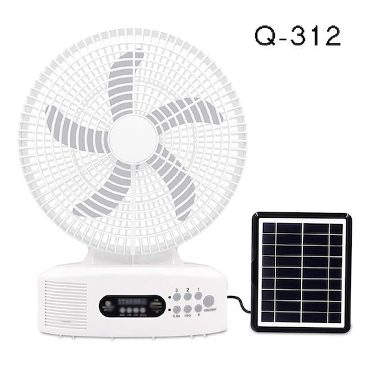Ventilator de masă solar portabil 30cm 3 viteze Power Bank Bluetooth Speaker Radio LED Light Andowl Q-132 Alb