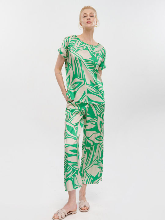 Emme Marella Γυναικείο Υφασμάτινο Capri Παντελόνι σε Wide Γραμμή Μπεζ-πράσινο