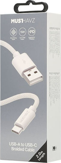 Musthavz Braided USB 2.0 Cable USB-C male - USB-A Λευκό 2m