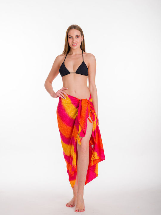 Pareo with Print with Print and Fringes Orange