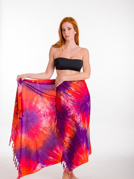 Pareo with Print with Print and Fringes Purple