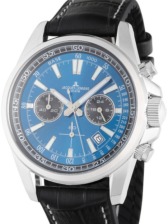 Jacques Lemans Liverpool Ανδρικό Ρολόι 44mm Χρονογράφος Μπαταρίας με Μαύρο Δερμάτινο Λουράκι