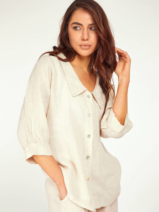 MyCesare Women's Linen Long Sleeve Shirt Brown