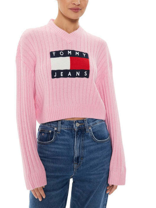 Tommy Hilfiger Women's Long Sleeve Pullover with V Neck Pink