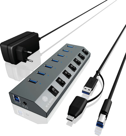 Icy Box USB Хъб 7 Порта USB 3.0 с Връзка USB-A / USB-C Сив