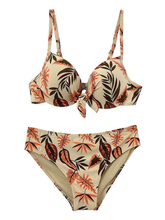 Ustyle Bikini Set Top & Slip Bottom with Adjustable Straps Beige/brown Floral