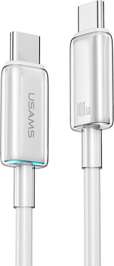 Usams US-SJ660 Braided LED USB 2.0 Cable USB-C Male - USB-C 100W PD White 1.2m