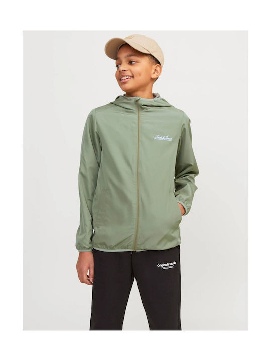 Jack & Jones Waterproof Kids Casual Jacket Short Windproof with Lining & Hood Oil Green