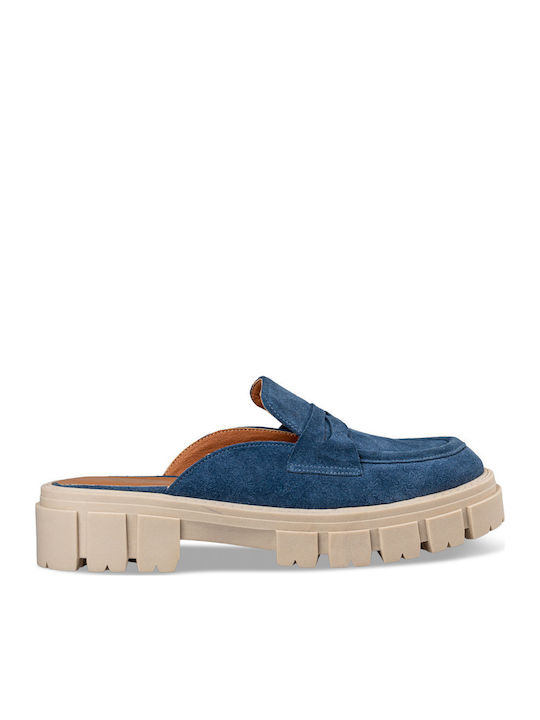 Flat Leather Mules in Blue Color