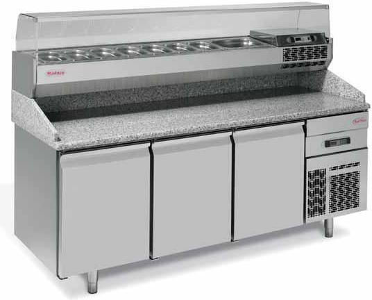 Inoxcon Edelstahl Kühltisch Pizza mit Schublade und Kühlaggregat L233xB80xH97cm