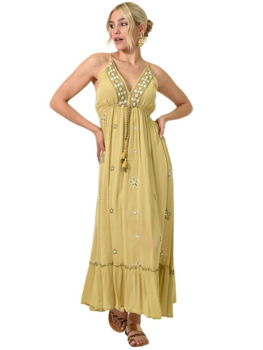 Potre Sommer Maxi Kleid mit Rüschen Beige