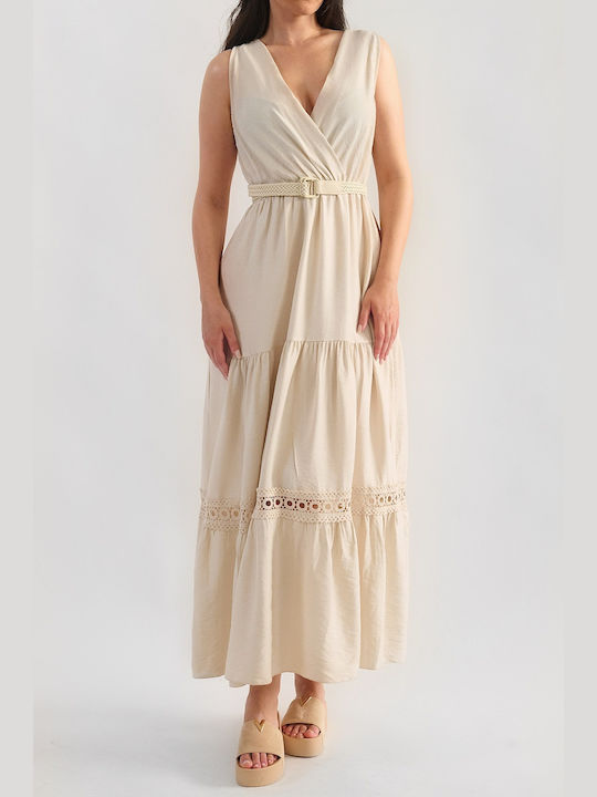 Rochie maxi Naty Beige cu curea