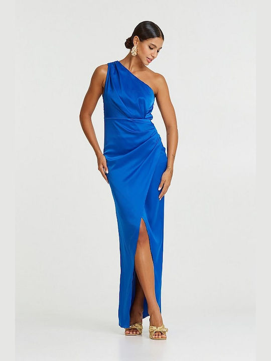 Lynne Maxi Φόρεμα Σατέν με Σκίσιμο Μπλε