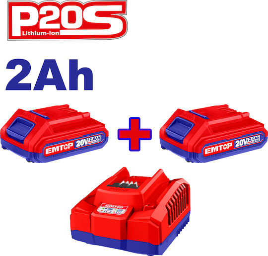 Emtop Set 2 Werkzeugbatterien Lithium 20V Kapazität 2Ah mit Ladegerät