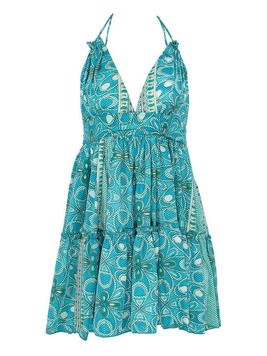 Lara Ethnics Mini Φόρεμα Σατέν με Βολάν Μπλε