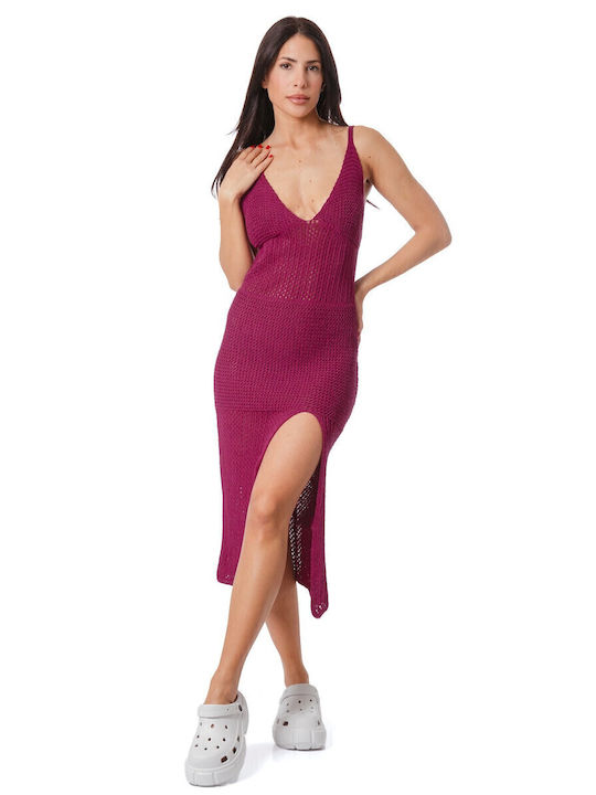Midi Damenkleid Gestrickt mit Tränen Fuchsie