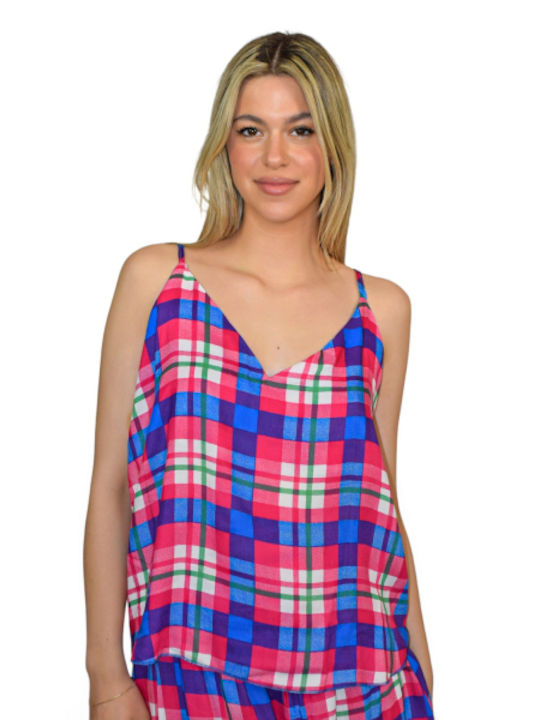 Morena Spain Women's Blouse with Straps & V Neckline Striped Fuchsia