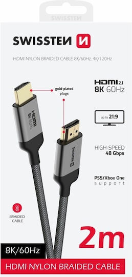 Swissten Cabluri HDMI 2.1 Ultra High Speed 48Gbps 4K 120Hz HDR VRR Braided HDMI De Sex Masculin - HDMI De Sex Masculin 2m Gri
