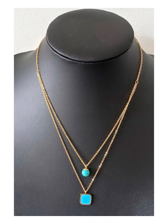 Kostibas Fashion Κολιέ Διπλό από Επιχρυσωμένο Ατσάλι Τιρκουάζ