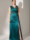 Maxi Evening Satin Drape Wrap Dress with Tearing Emerald