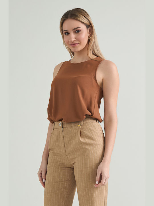 Cento Fashion Damen Bluse Ärmellos Camel