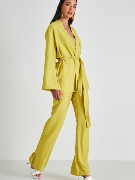 Cento Fashion Γυναικείο Ψηλόμεσο Λινό Παντελόνι με Λάστιχο Κίτρινο
