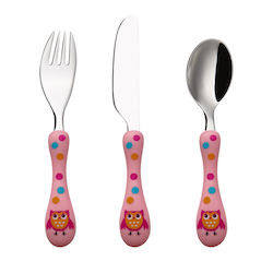Cryspo Trio Baby Cutlery Set Owl made of Metal Pink 3pcs