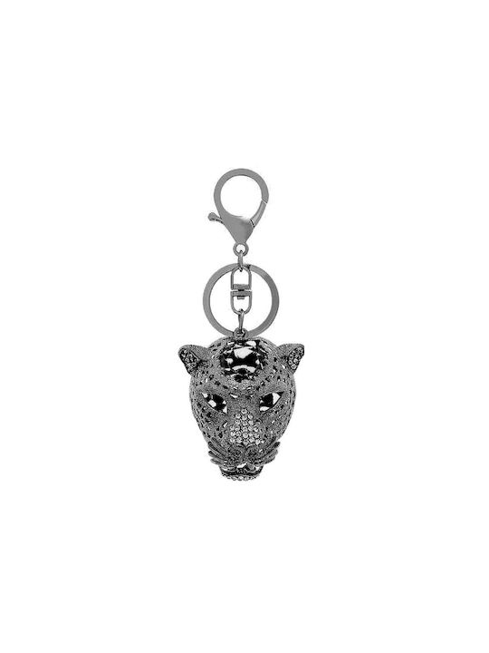 Cheiță metalică cu cap de leopard, strasuri și cârlig gri