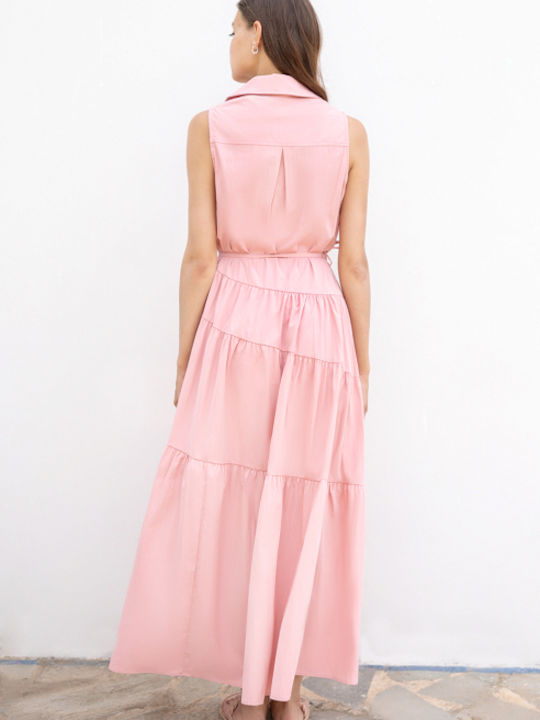 Desiree Maxi Σεμιζιέ Φόρεμα με Βολάν Ροζ