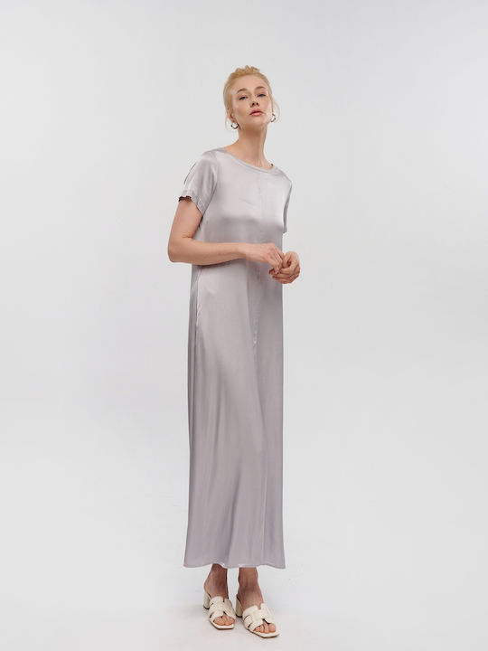 Grey Silky Touch Long Dress with Short Sleeves Tensione In Tensione In Fa743 Grey