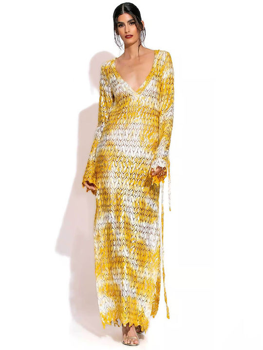 C-Throu Maxi Dress Knitted with Slit Gold