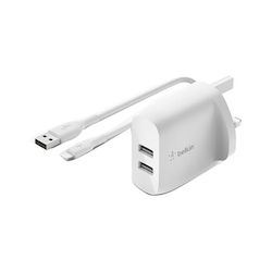 Belkin Φορτιστής με 2 Θύρες USB-A και Καλώδιο Lightning 24W Λευκός (Boost Charge (Aμερικάνικου Τύπου))