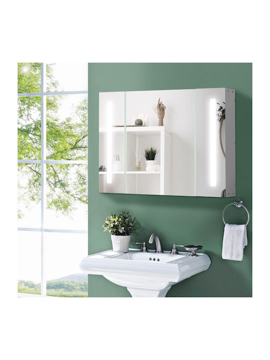 Kleankin Bathroom Mirror Led with Shelf & Cabinet 90x15cm White