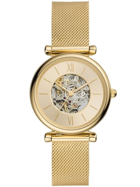 Fossil Γυναικείο Ρολόι 35mm Αυτόματο με Χρυσό Μεταλλικό Μπρασελέ