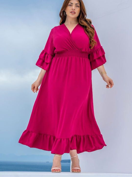 Lovesize Καλοκαιρινό Midi Φόρεμα Κρουαζέ με Βολάν Magenta