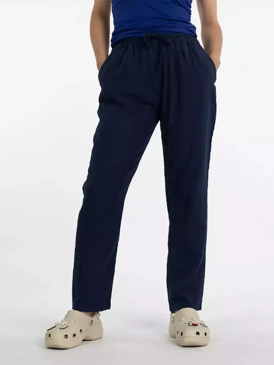 Linen Wide-Leg Trousers with Pockets Blue