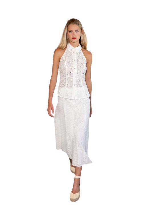 Sleeveless Shirt with Embroidered Cutouts White