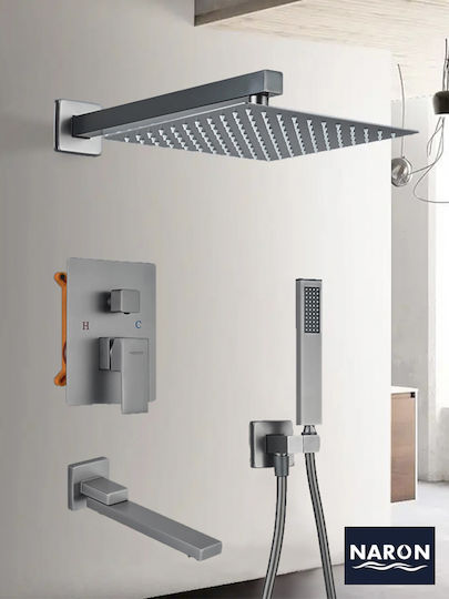 Naron CZ4034 Комплект смесител, чучур, душ слушалка и душ глава за вграждане за душ кабина 3 изхода Сив Naron CZ4034 Комплект смесител, чучур, душ слушалка и душ глава за вграждане за душ кабина 3 изхода Сив