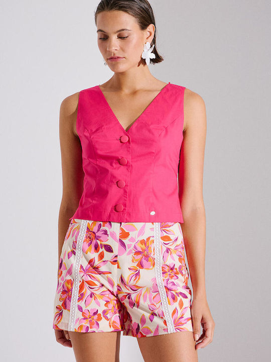 Bill Cost Women's Blouse Cotton Sleeveless with V Neckline Fuchsia