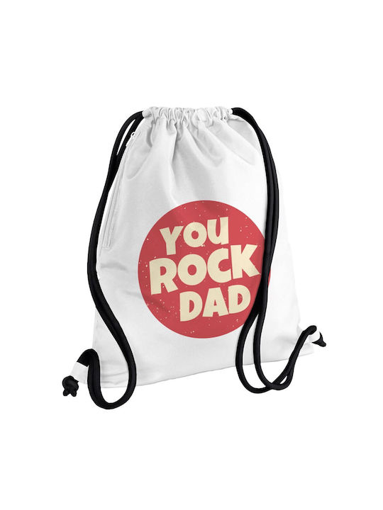 YOU ROCK DAD, Τσάντα πλάτης πουγκί GYMBAG λευκή, με τσέπη (40x48cm) & χονδρά κορδόνια