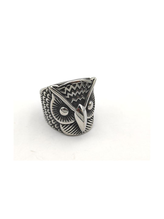 Steel Ring Silver Antique Owls 1pc