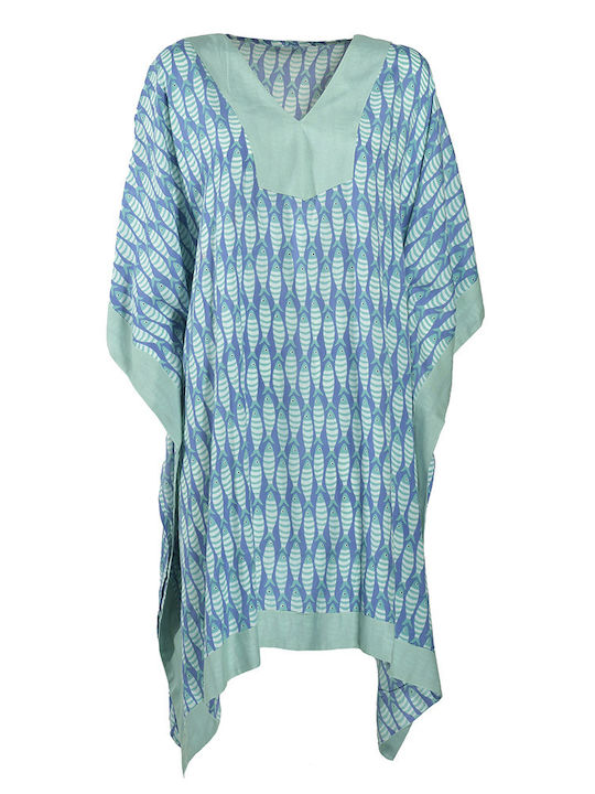 Blue Short Turquoise Blue Caftan One Size 100% Cotton